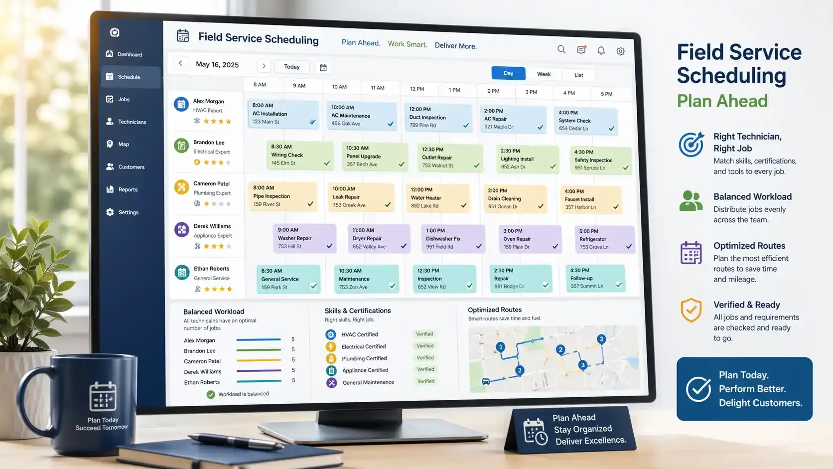 Field service scheduling dashboard with calendar, routes, and tasks